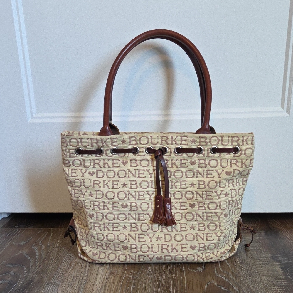 Dooney & Bourke Logo Print Tote in Cream and Brown